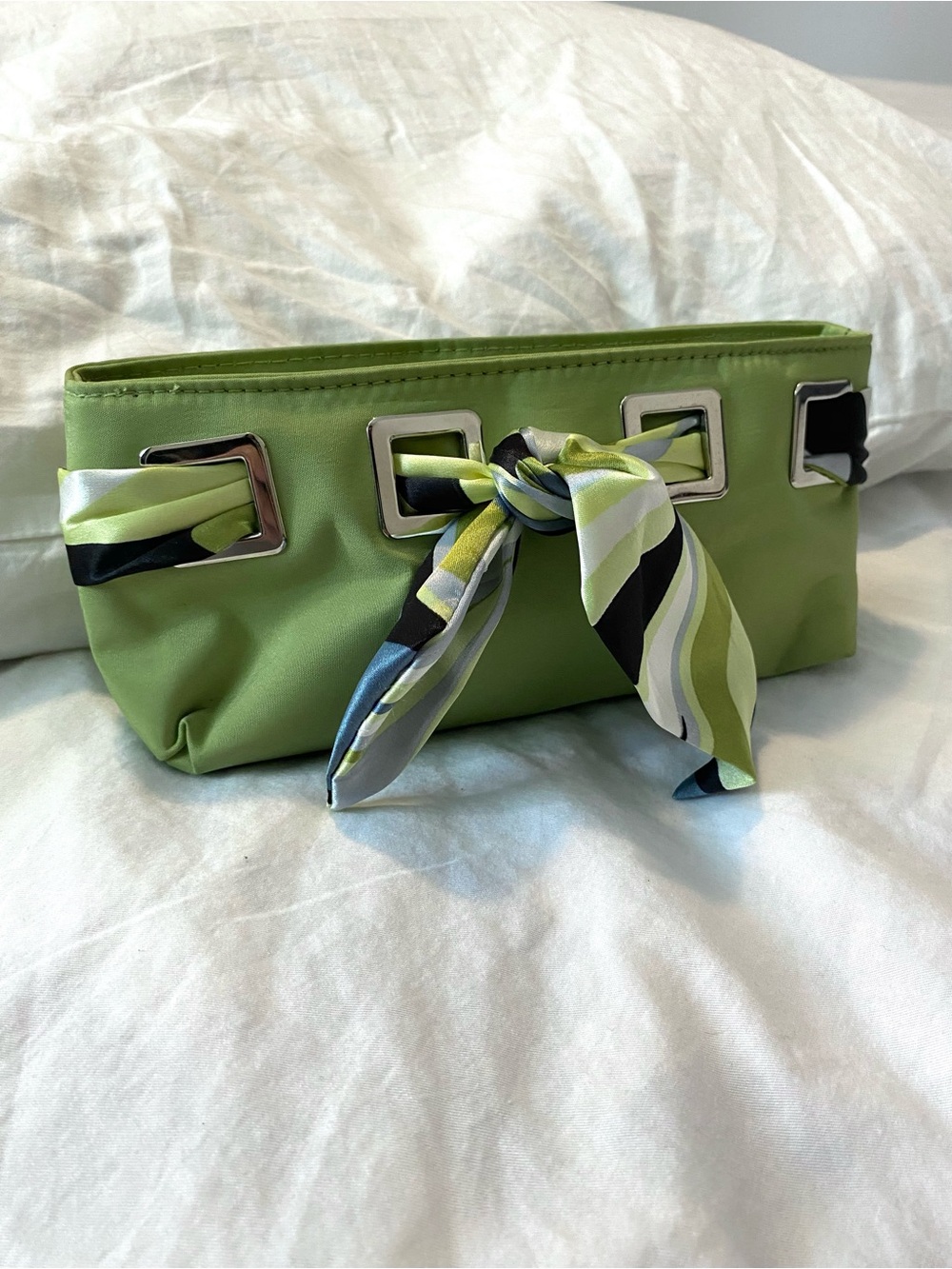Y2K Green Satin Scarf-Accent Clutch Bag